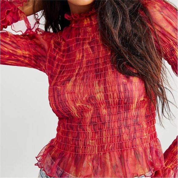 NWOT Free People Hello There Ruffled Sheer Mesh Top Red Pink Orange Abstract XS - Picture 16 of 16